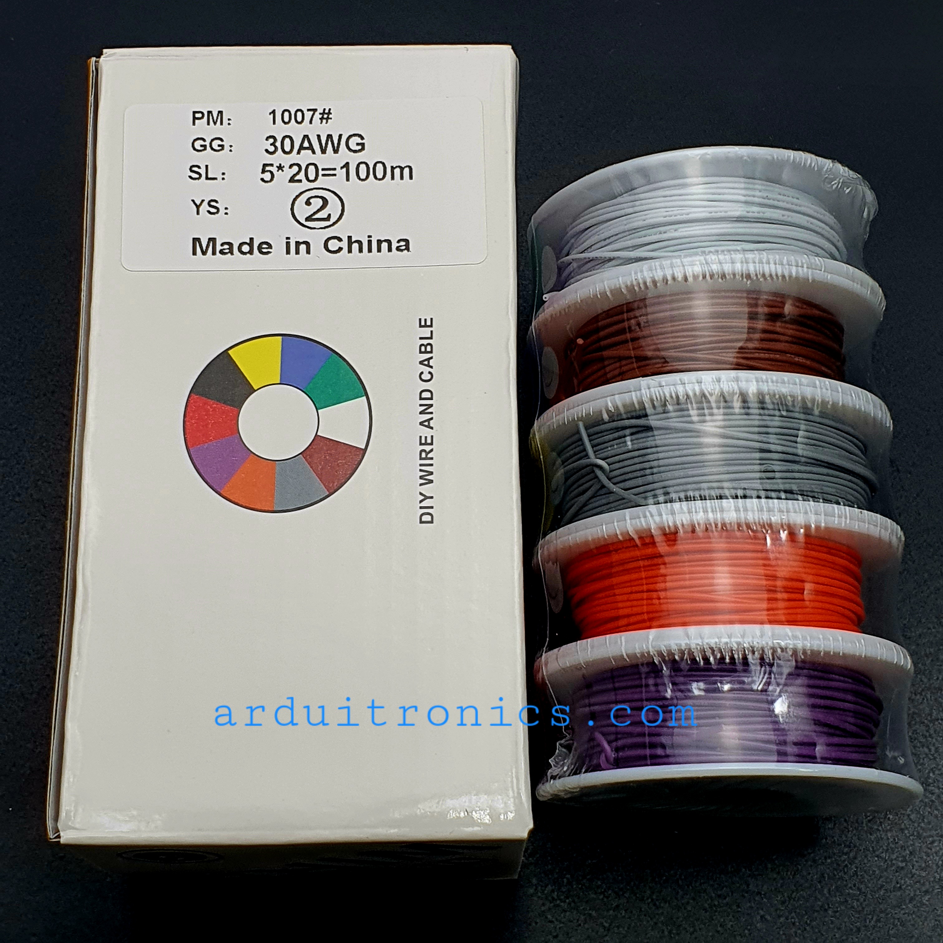 สายไฟ 5 สี สายไฟอ่อนเส้นเดี่ยว UL1007 สายไฟลวดทองแดงชุบดีบุก 30AWG ความยาวม้วนละ 20 เมตร ( สี ขาว ส้ม น้ำตาล เทา ม่วง )
