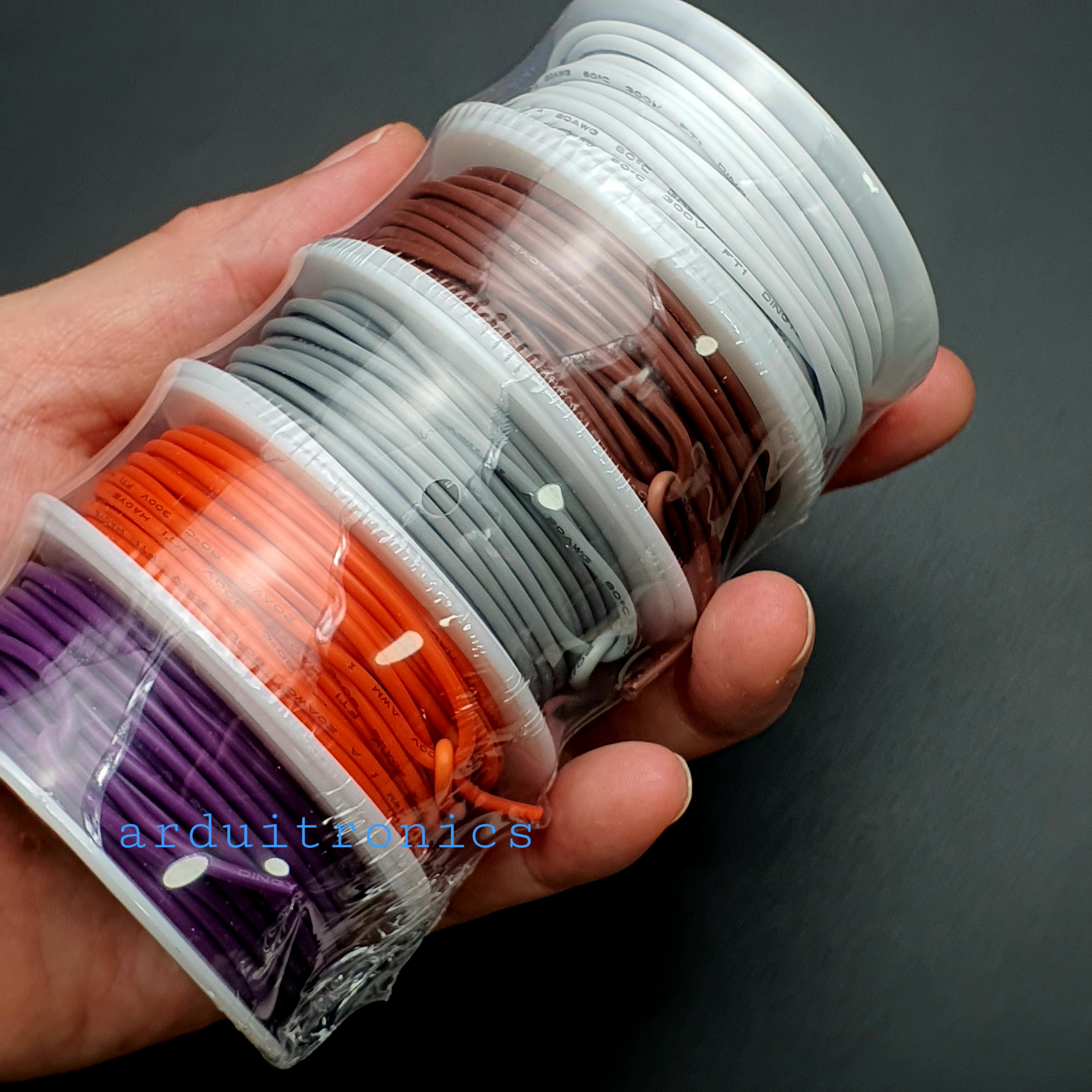 สายไฟ 5 สี สายไฟอ่อนเส้นเดี่ยว UL1007 สายไฟลวดทองแดงชุบดีบุก 20AWG ความยาวม้วนละ 10 เมตร ( สี ขาว ส้ม น้ำตาล เทา ม่วง )