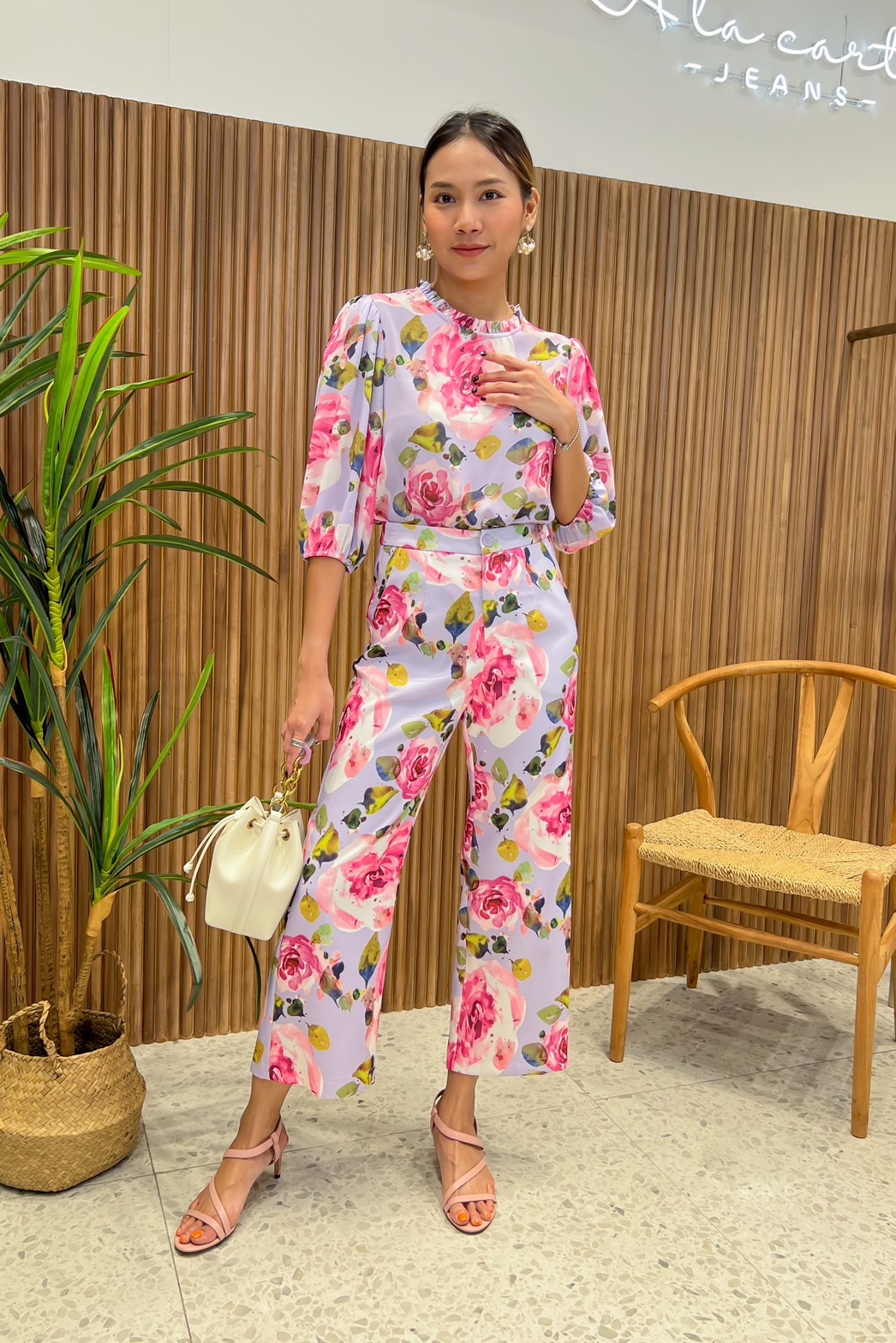 JS0059B 👛🌹A la carte🛍ชุดเซทเสื้อจอร์เจีย กางเกงพิมพ์ลาย ใส่สบาย แขน 3 ส่วน กางเกง5 ส่วนทรงกระบอก 🍀สีม่วง XL