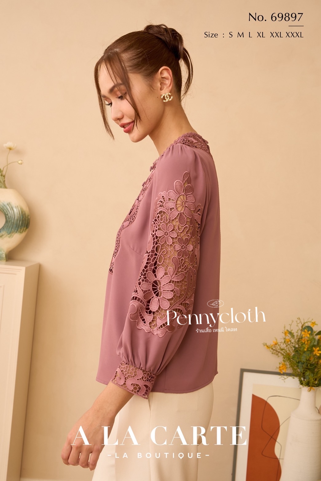 69897 เสื้อ A La Carte เสื้อชีฟองแต่งลูกไม้เนื้อทอ ช่วงอก และแขน by PENNY CLOTH