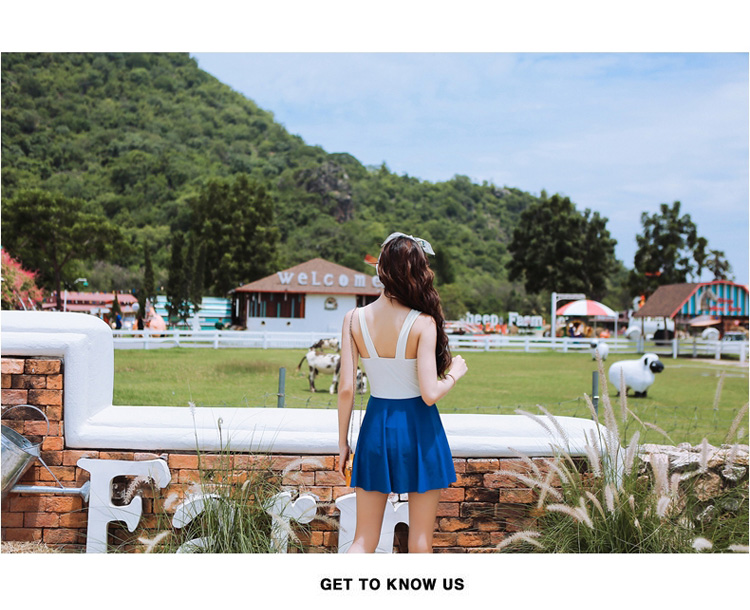 ***พรีออเดอร์***บิกินี่ชุดว่ายน้ำวันพีซ one-piece สีขาวครีมตัดต่อกระโปรงสีน้ำเงินอมฟ้า เล่นดีเทลแต่งลายสานกันช่วงอก กระโปรงกางเกงด้านใน สดใสน่ารักรับลมทะเล สวยเหมือนแบบค่ะ