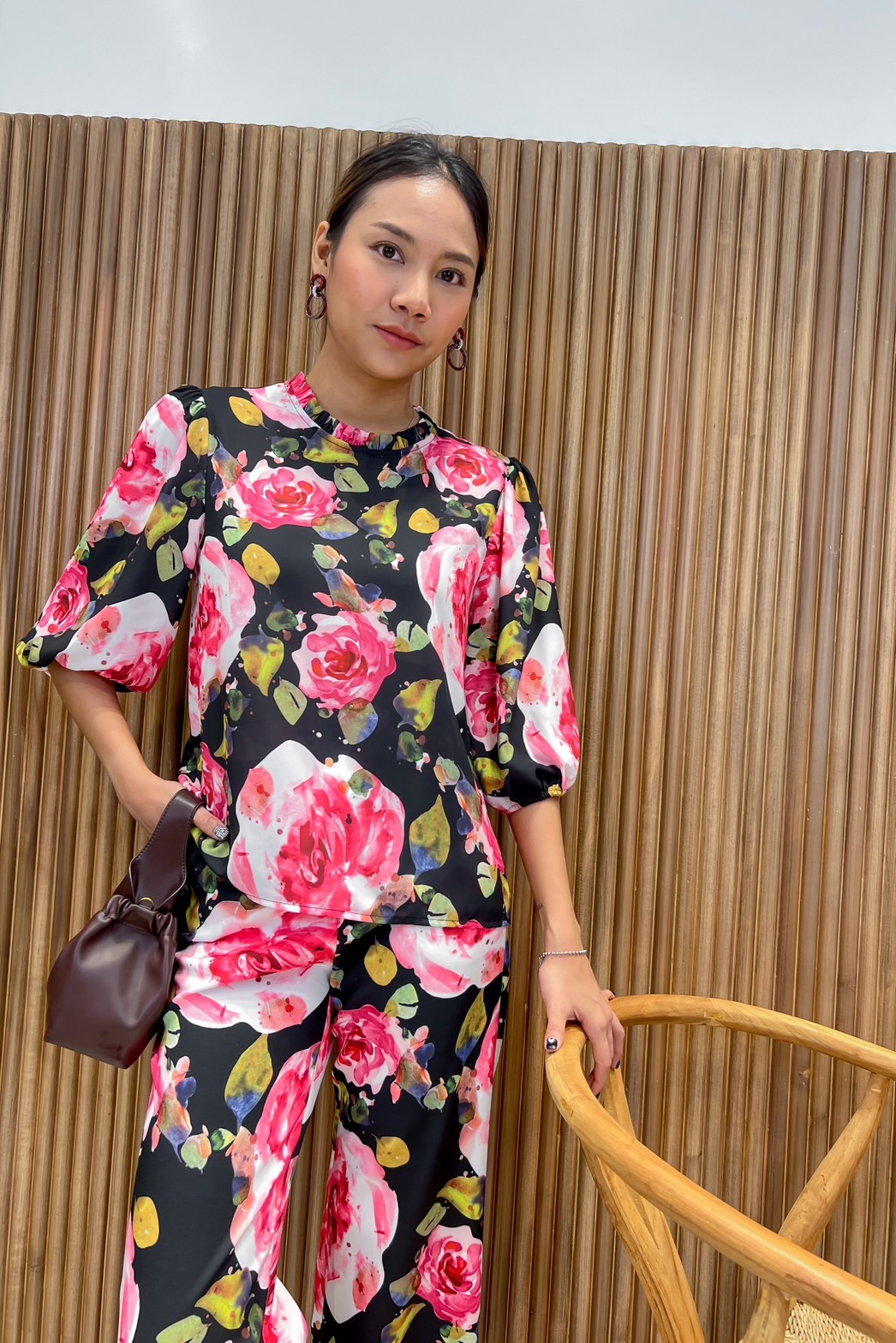 JS0059B 👛🌹A la carte🛍ชุดเซทเสื้อจอร์เจีย กางเกงพิมพ์ลาย ใส่สบาย แขน 3 ส่วน กางเกง5 ส่วนทรงกระบอก 🍀สีม่วง XL