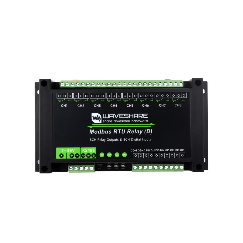 Industrial Modbus RTU 8-ch Relay Module (D) With Digital Input and RS485 Interface, Multi Isolation Protection Circuits, 7~36V Power Supply (ของแท้จาก Waveshare)