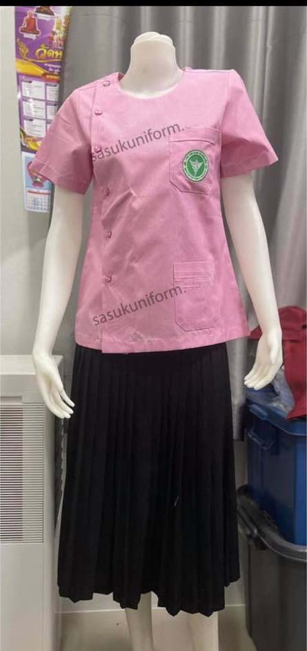 เสื้อริ้วชมพูขาว คอกลม ผู้หญิง ปักกระทรวงสาธารณสุข