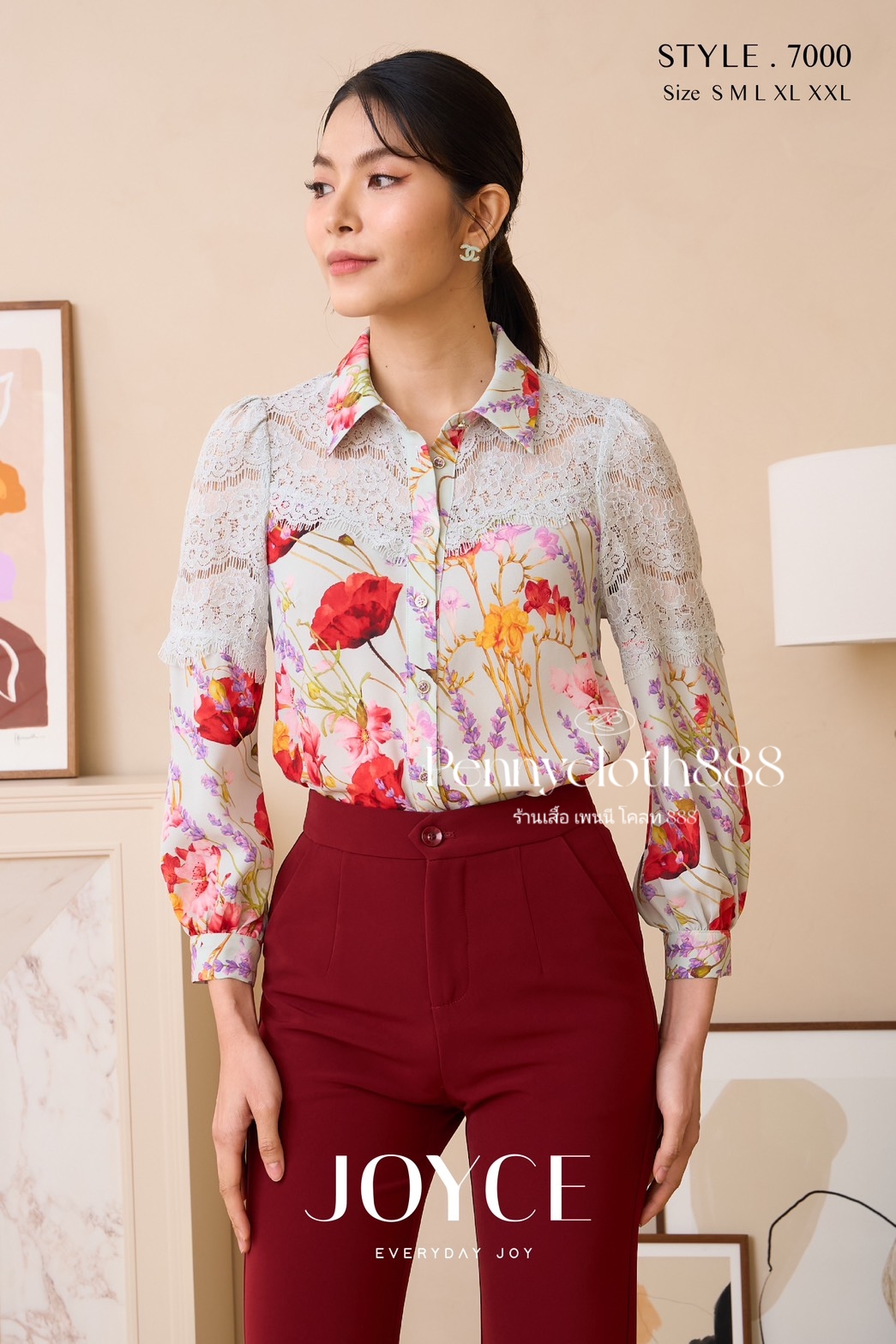 7000 เสื้อเชิ้ตพิมพ์ลายดอก แต่งลูกไม้ เนื้อผ้าจอร์เจียใส่สบาย by PENNY CLOTH 888