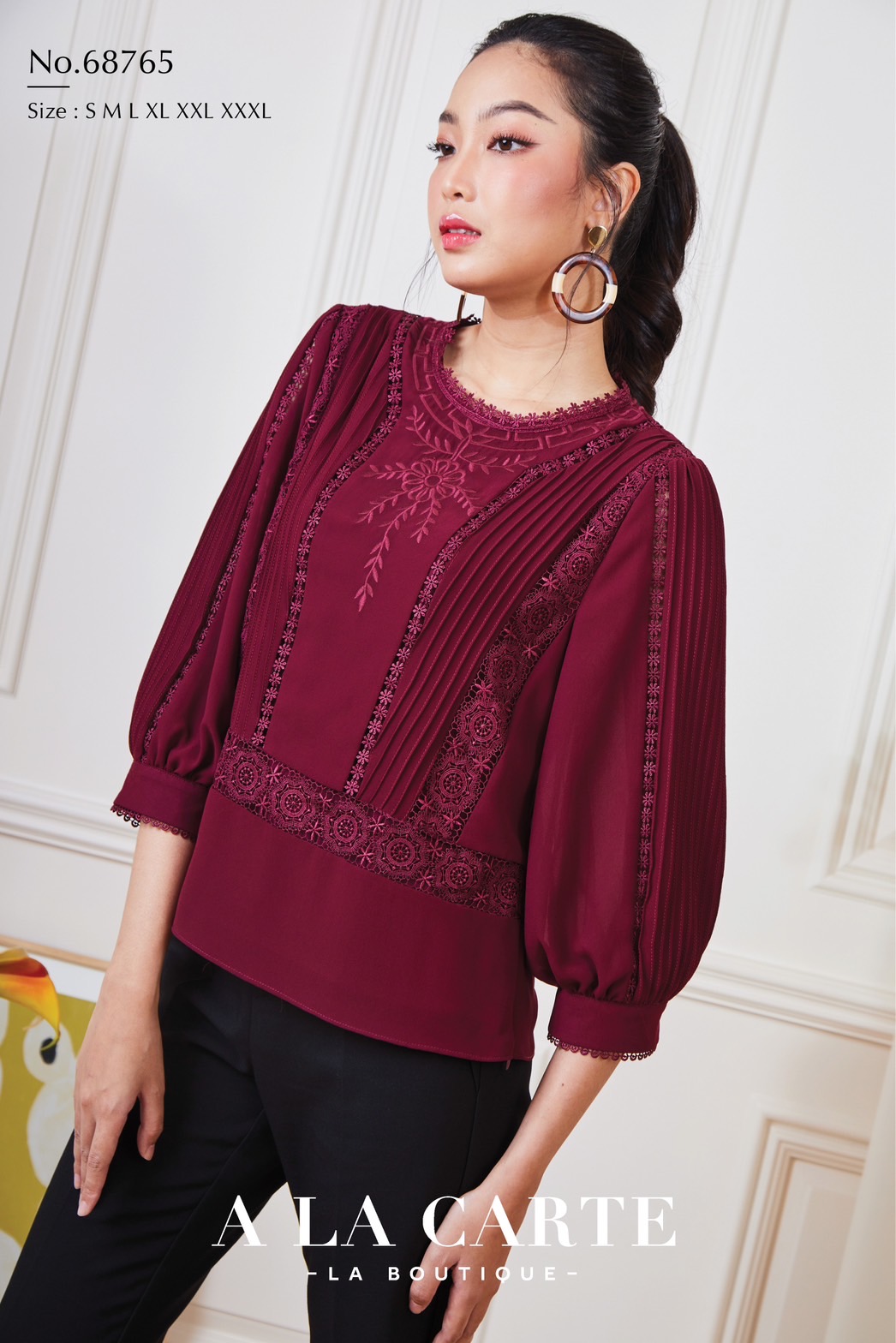 68765 เสื้อชีฟอง A LA CARTE งานปัก แทรกทริม สวยหรู มีซับใน ขนาด 3XL 46" สีขาว แดง เทา