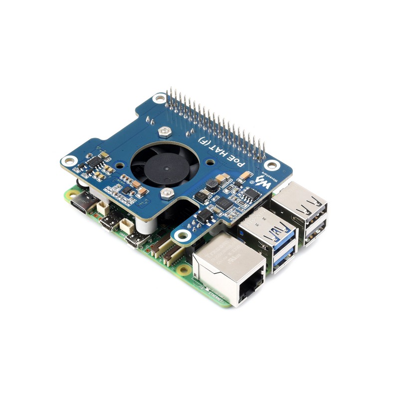 Power Over Ethernet HAT (F) For Raspberry Pi 5, High Power, Onboard Cooling Fan, With Metal Heatsink, Supports 802.3af/at network standard (แท้จาก Waveshare)