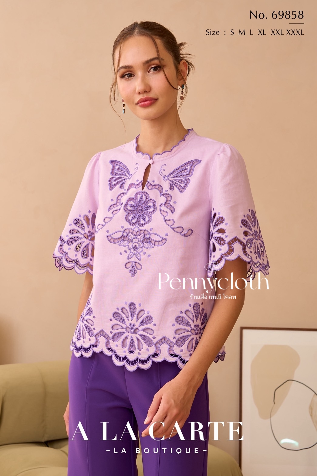 69858 เสื้อลินิน A La Carte คอกลม แขนสั้นแฟร์ งานปักฉลุทอขึ้นใหม่ มีซับใน by PENNY CLOTH