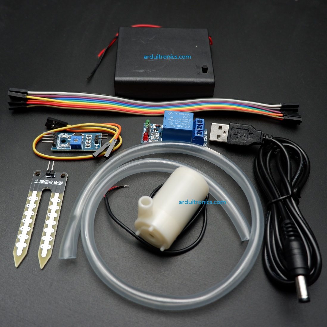 ชุด DIY ปั๊มน้ำอัตโนมัติ (Pump + Soil Moisture Module + Relay + กล่องใส่ถ่าน)