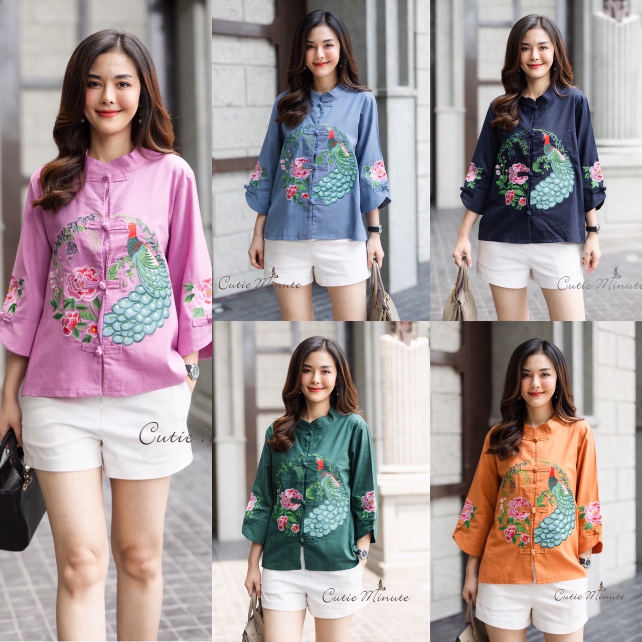 P8813 🎋🎍🧧 เสื้อผ้าลินินผสมผ้าฝ้าย เนื้อผ้านุ่มผ้าดี งานปักใช้ไหมสีสด ปักลายดอกไม้สีชมพู+นกยูง เสื้อทรงคอจีนกระดุมจีน ดูดีลุคไฮโซ อก 44" มี 5 สี ชมพู ฟ้า กรม เขียวเข้ม ส้มอิฐ