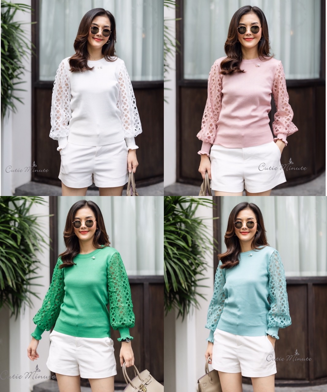 P8836 🍀🔮💚เสื้อไหมพรม+เข็มกลัดเกรดพรีเมียม เนื้อนุ่ม ยืดหยุ่นใส่สบาย แขนแต่งด้วยผ้าลูกไม้อย่างดี เหมาะกับสาวอกจริง 32-38" มี 4 สีชมพู เขียวไมโล เขียวตุ่น