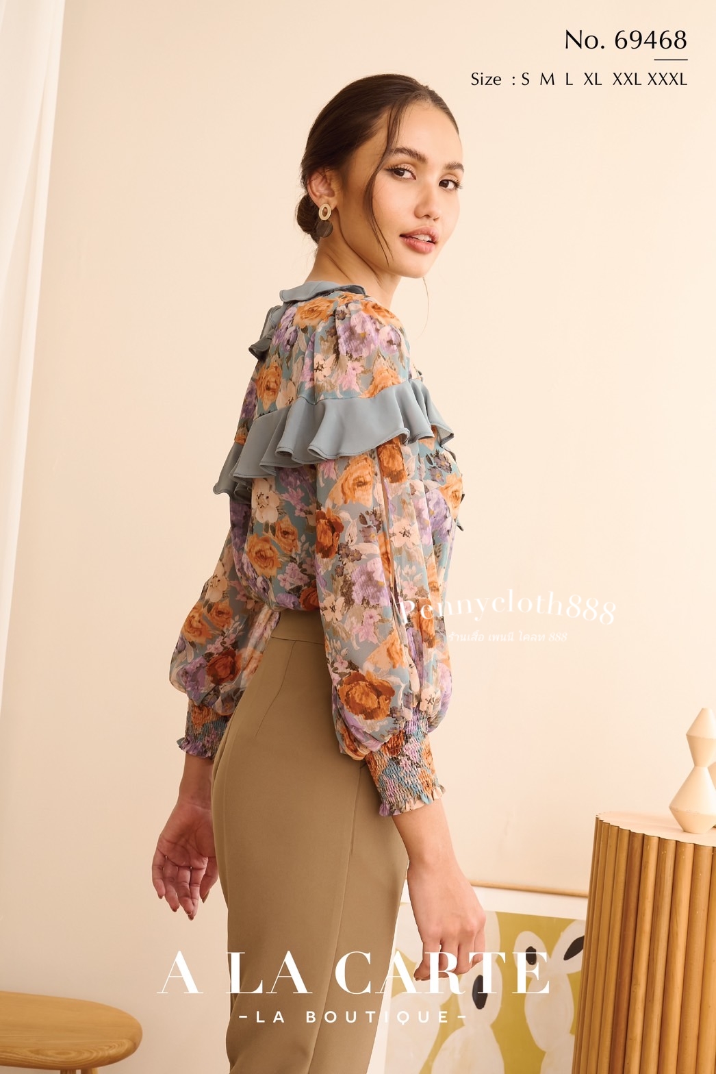 69468 เสื้อ A la carte ชีฟองพิมพ์ลายดอก คอวี แต่งระบาย แขนสม็อค สีฟ้าอมเขียว น้ำตาล ดำ