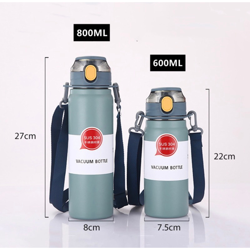 กระติกน้ำสแตนเลส 304 แท้ เก็บอุณหภูมิความร้อนความเย็น ขนาด 600ml และ 800ml มีสายสะพาย