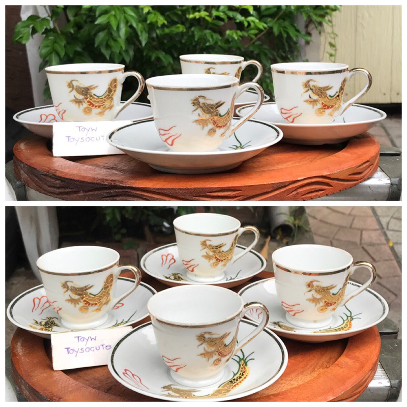 งานเก่า 4 ชุด ชุดถ้วยชา ถ้วยกาแฟพร้อมจานรอง เนื้อกังใสโปร่งแสง ลายมังกรทองลายนูนต่ำ