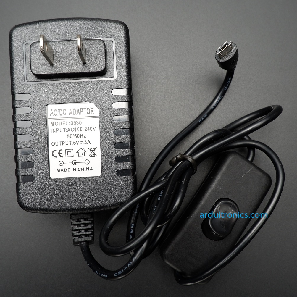 micro USB Power Supply Adapter 5V 3A แบบมี switch ON/OFF (ปลั๊กหัวแบน)