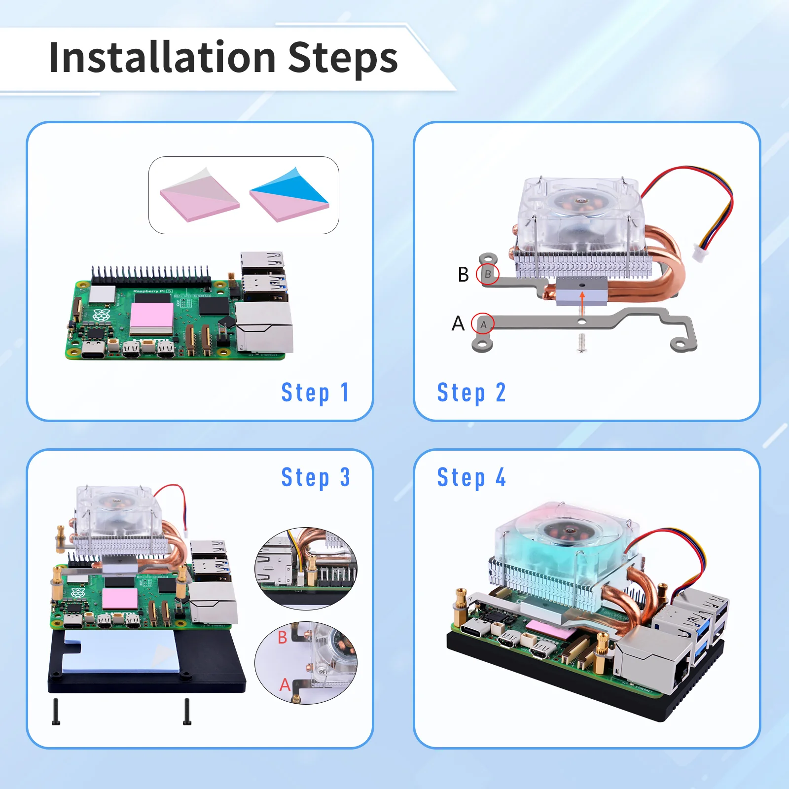 52Pi Low-Profile Ice Tower Cooling Fan RGB LED Light for Raspberry Pi 5