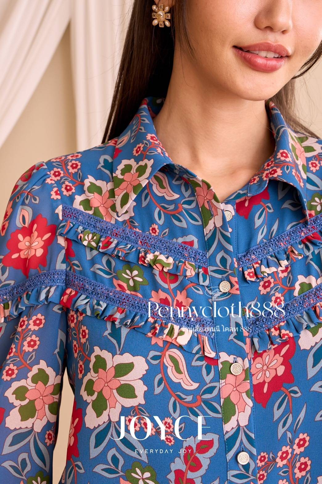 6997 เสื้อเชิ้ต Joyce ชีฟองพิมพ์ลายดอก แต่งทริม กระดุมหน้า มีซับใน แขน 3 ส่วน by PENNY CLOTH 888