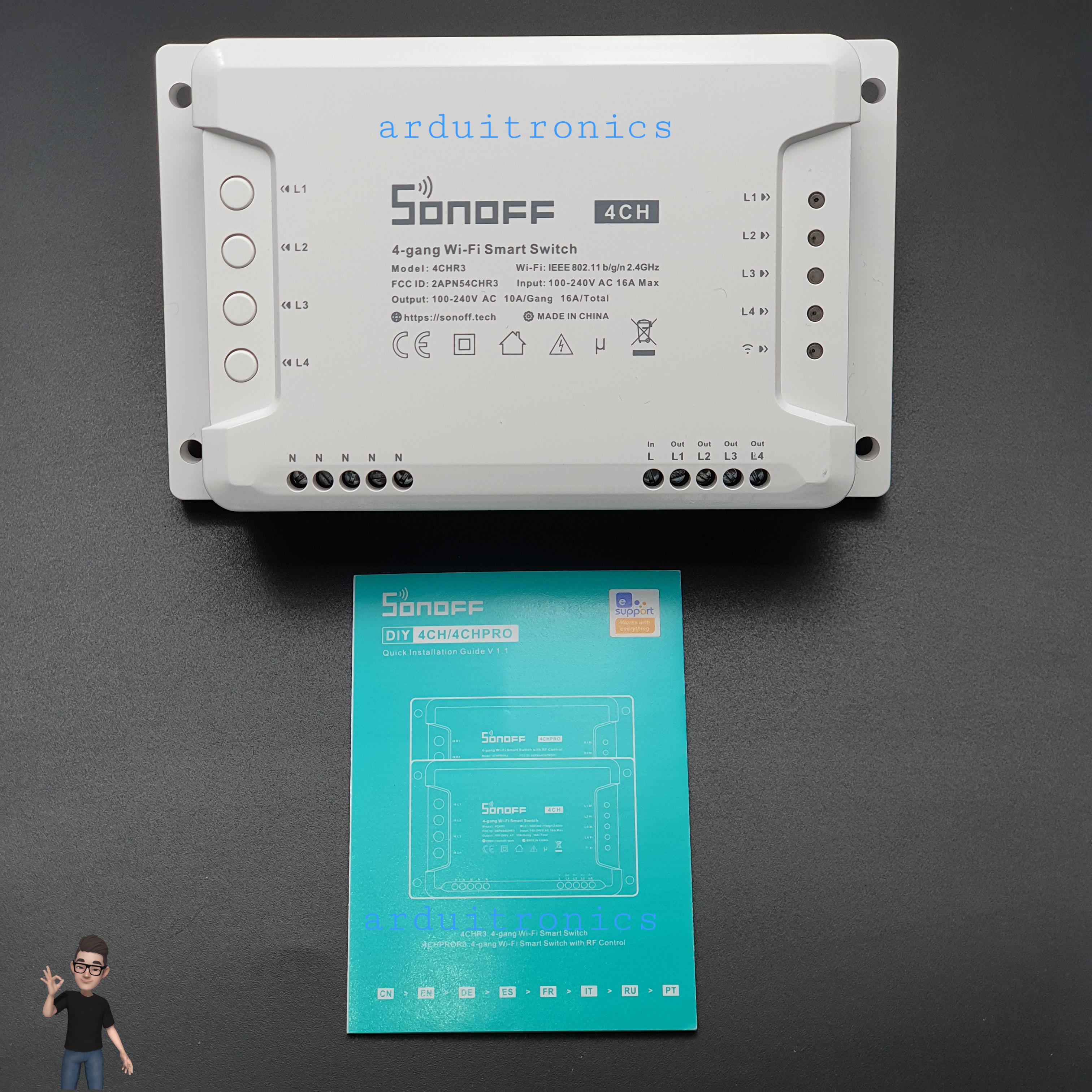 Sonoff 4CH R3 (รุ่นล่าสุด) สวิตซ์ Wi-FI แบบ 4 ช่อง ควบคุมแยกอิสระผ่านปุ่มและแอพ เลือกได้ 3 โหมด รองรับ Google Home, Alexa