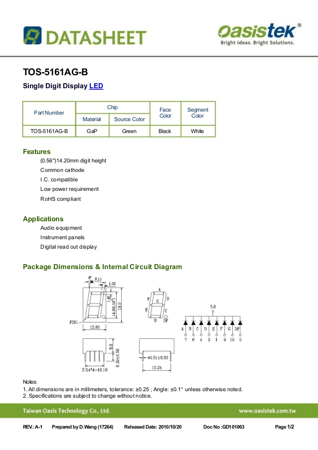 0.56 inch Seven Segment 1 Digit Green (Common Cathode) 12.7 x 19.1 x 8.1mm - 5161AG