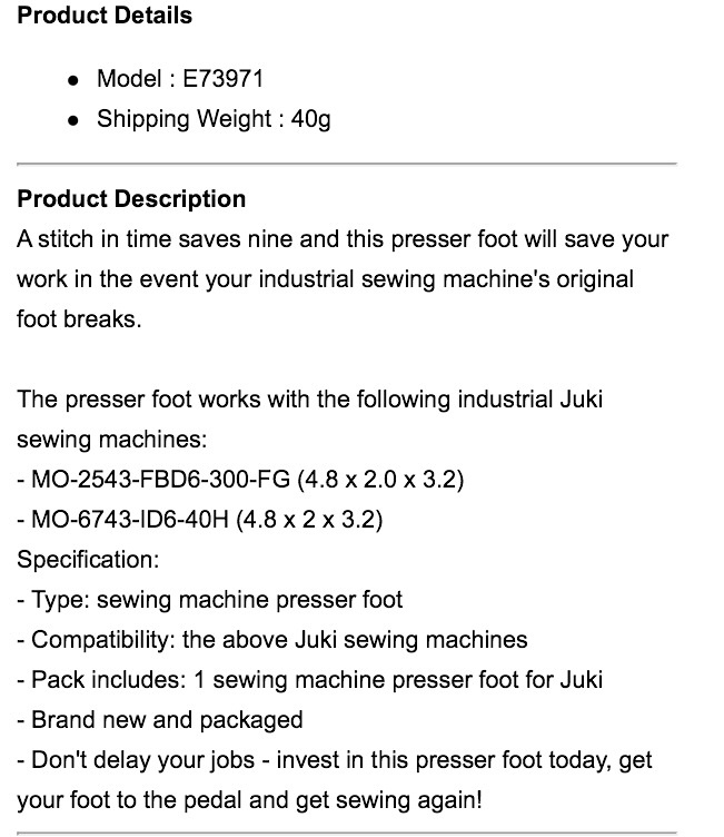 ตีนผี สำหรับจักรยี่ห้อ Juki สีดำ