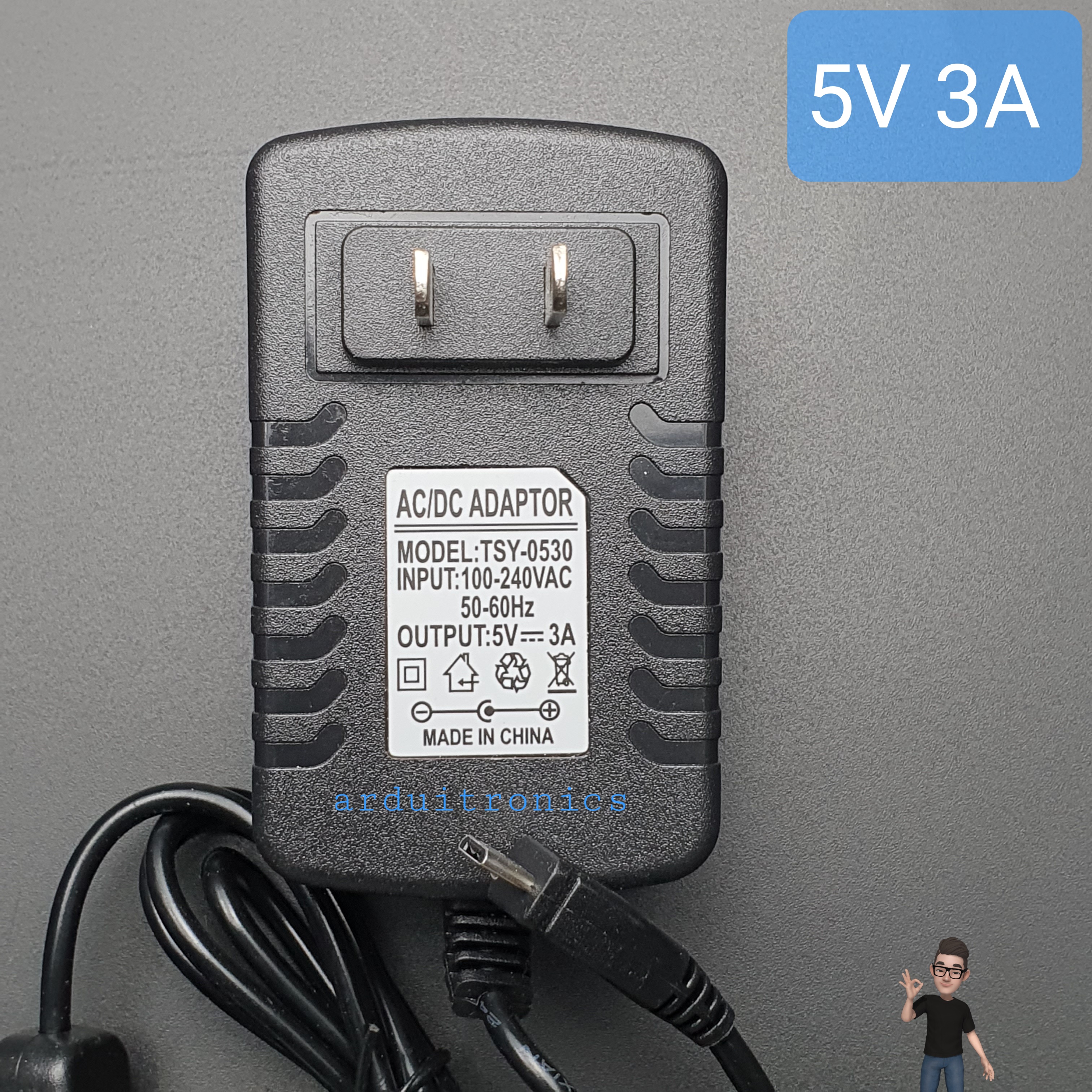 micro USB Power Supply Adapter 5V 3A แบบมี switch ON/OFF (ปลั๊กหัวแบน)
