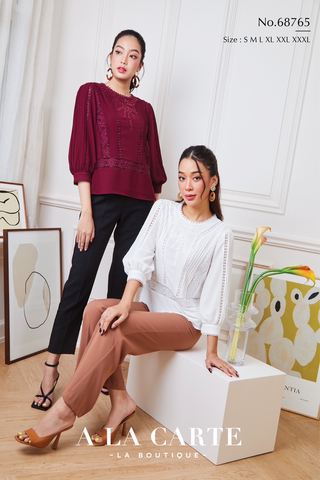 68765 เสื้อชีฟอง A LA CARTE งานปัก แทรกทริม สวยหรู มีซับใน ขนาด 3XL 46" สีขาว แดง เทา