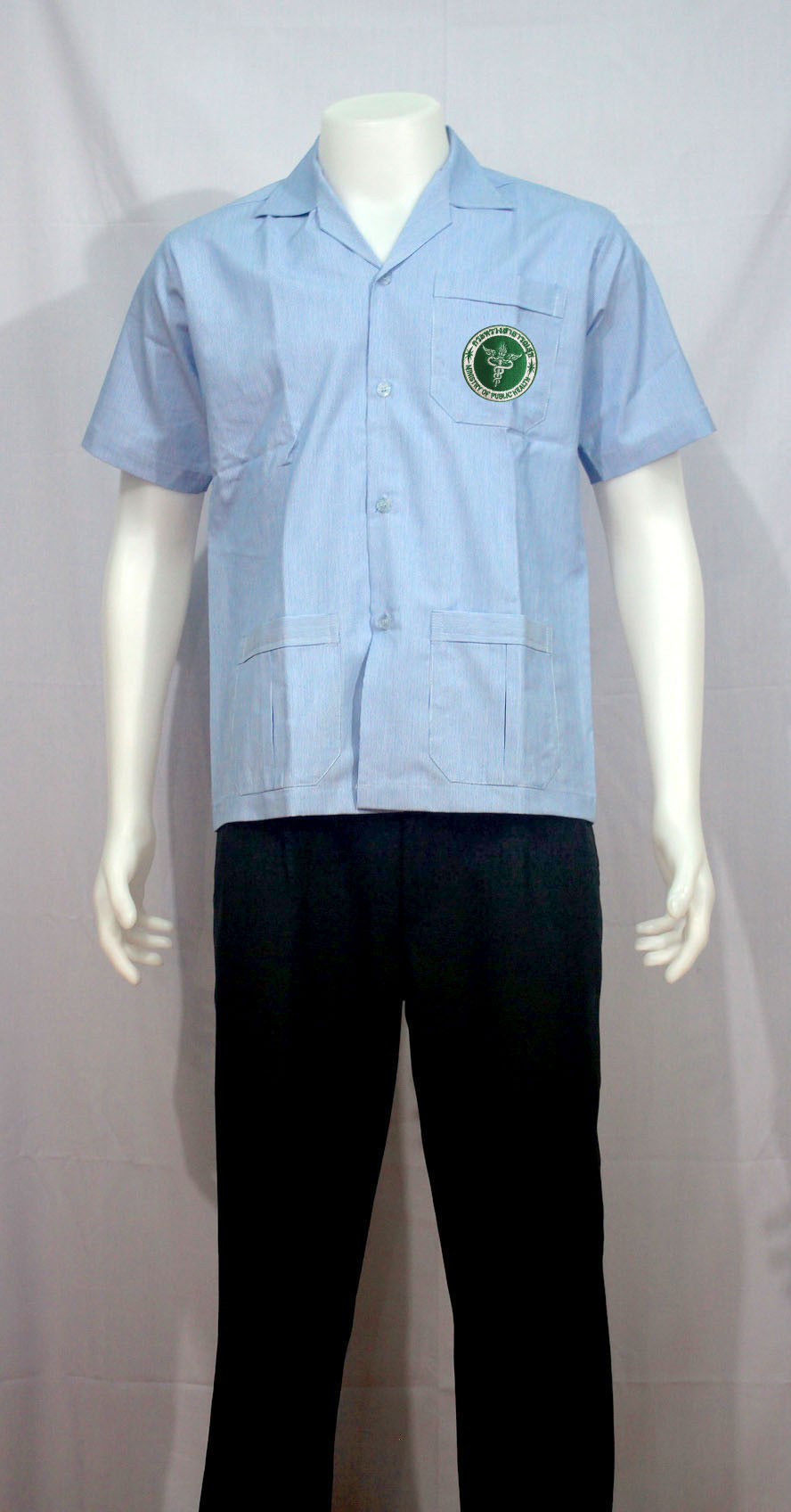 เสื้อริ้วฟ้าขาว คอฮาวาย ปักกระทรวงสาธารณสุข ผู้ชาย