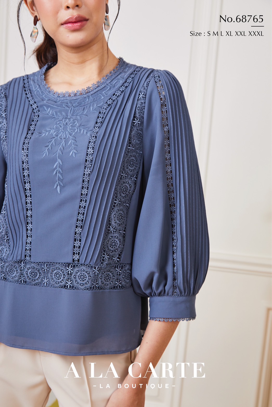 68765 เสื้อชีฟอง A LA CARTE งานปัก แทรกทริม สวยหรู มีซับใน ขนาด 3XL 46" สีขาว แดง เทา