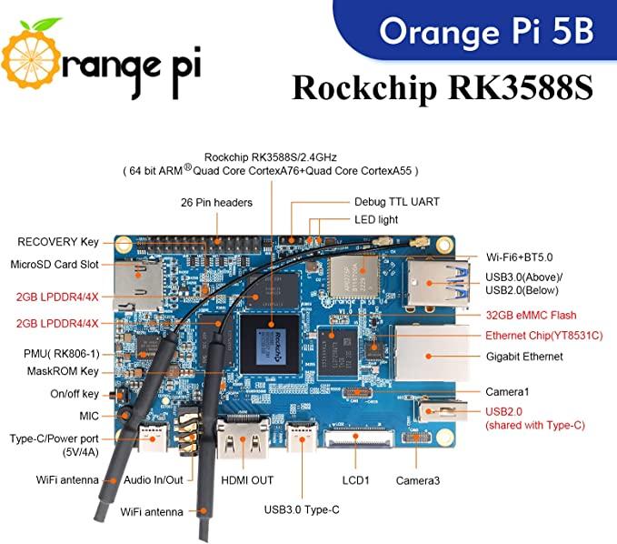 Orange Pi 5B 4GB RAM 32GB eMMC RK3588S (supports Ubuntu, Android, Debian OS) - Orange Pi