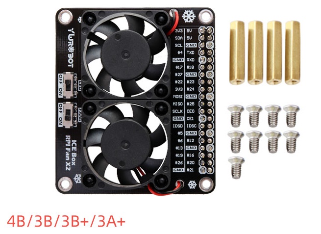 Raspberry Pi 4B/3B+ Heat Sink Dual Fan with GPIO + on-board LED (Green)