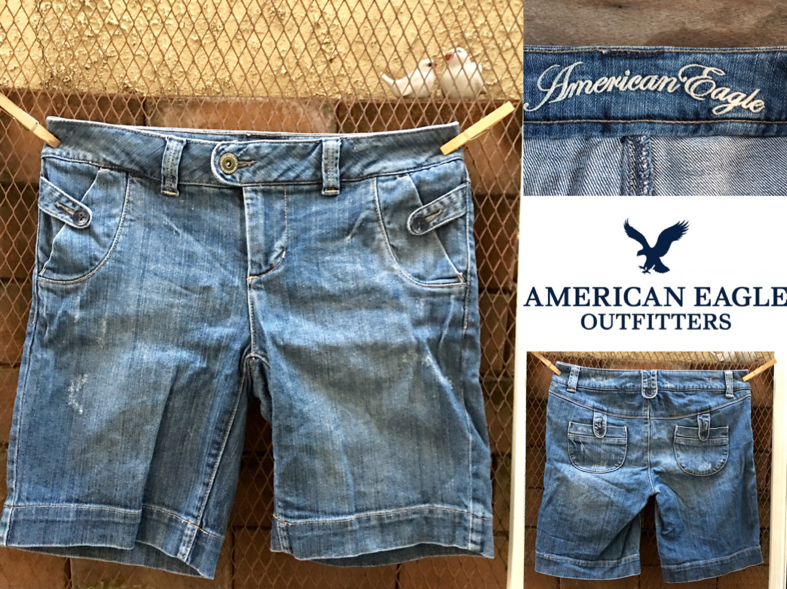 2sis1bro แบรนด์แท้ American Eagle Outfitters กางเกงยีนส์ ขาสั้น สามส่วน มือสอง พร้อมส่ง sz 8