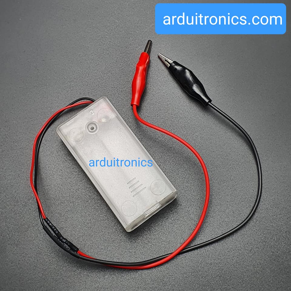 Alligator Clip Battery Box รางถ่าน 2 ก้อน AA 3V (ก้อนละ 1.5V) แบบมีฝาปิด และมีสวิทช์เปิดปิด พร้อมหัวสายไฟหนีบปากจระเข้
