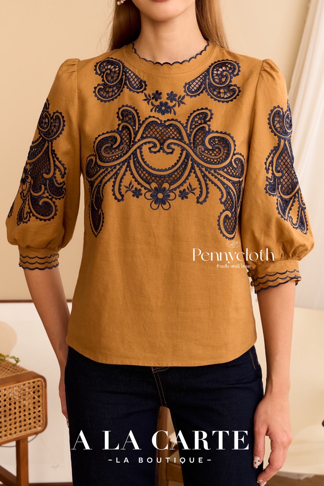 69862 เสื้อ A La Carte ลินินผสมคอตตอน งานปักฉลุ มีซับ เนื้อดีใส่สบาย by PENNY CLOTH