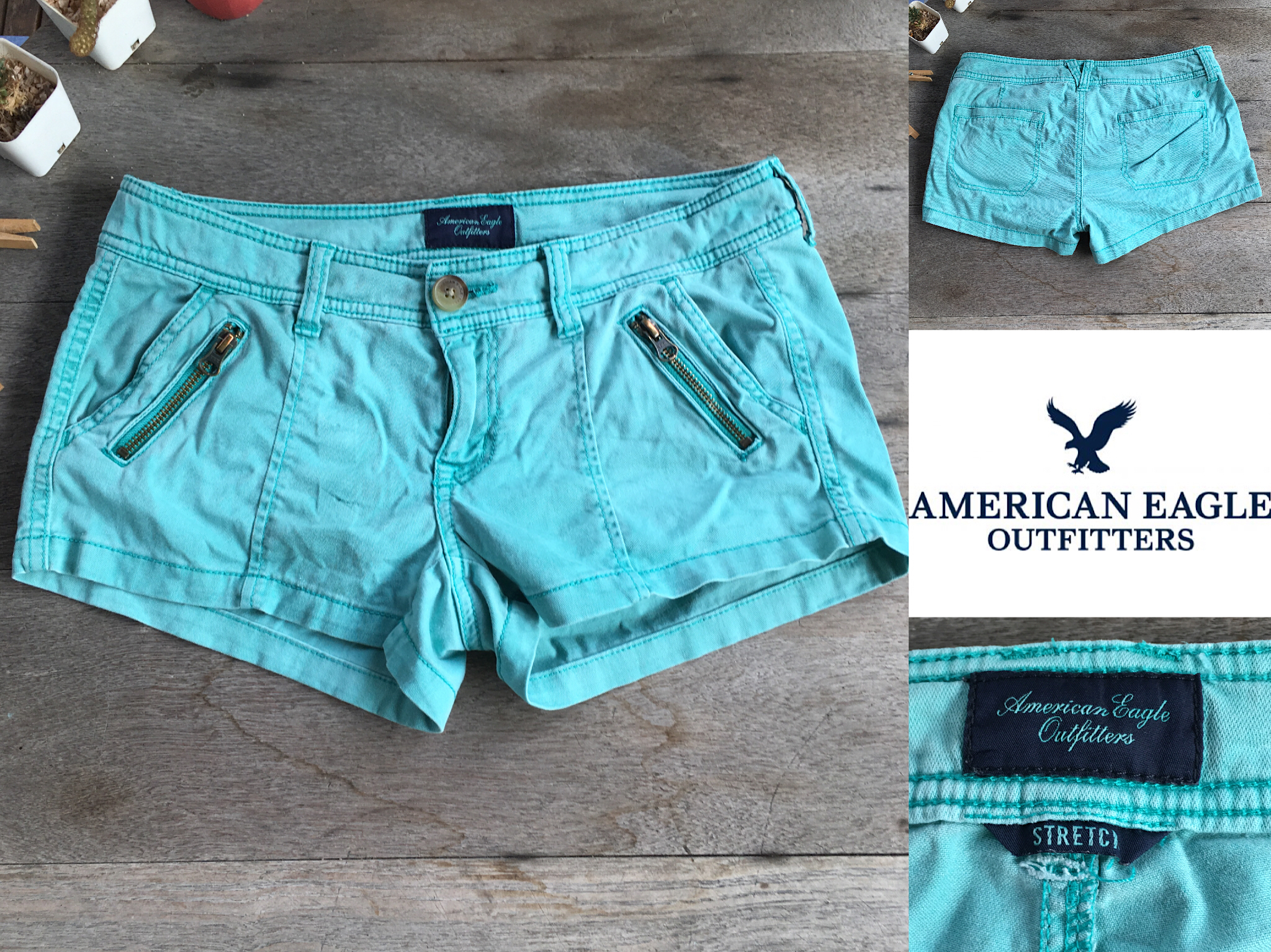 2sis1bro แบรนด์แท้ American Eagle Outfitters Stretch กางเกง ยีนส์ ขาสั้น สีเขียว มือสอง พร้อมส่ง sz 4