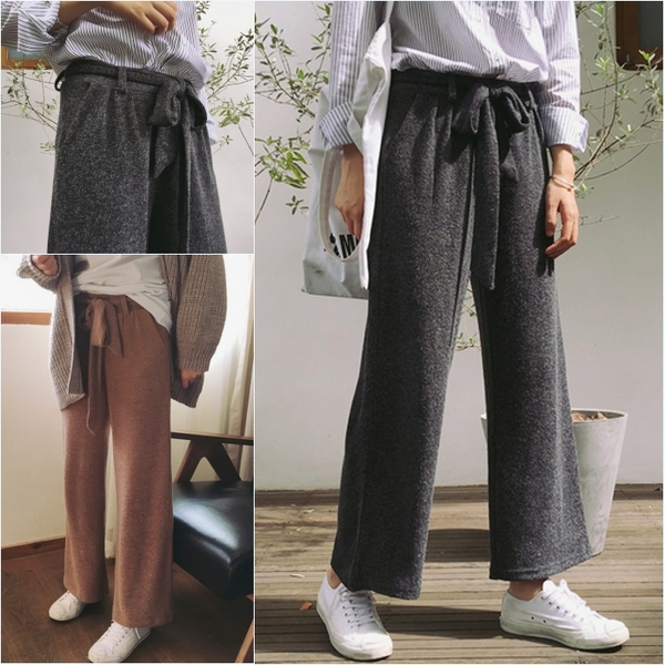 Pre-Order กางเกงลำลอง ตัวหลวม ขากว้าง ผูกโบว์ที่เอว มีสีเทาดำ กับน้ำตาล