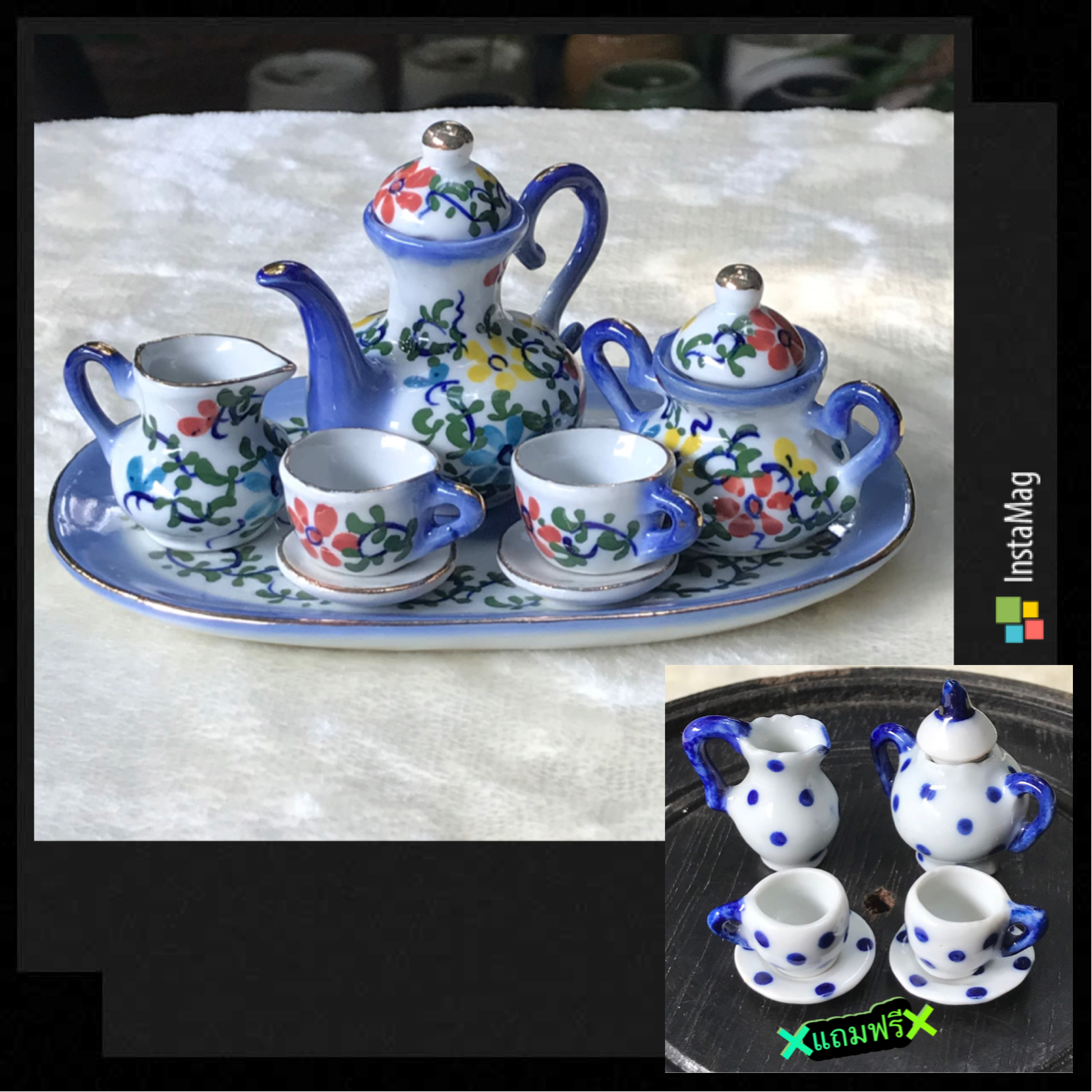 ￼มีของแถม/ ของจิ๋ว ชุดน้ำชาจิ๋ว/ชุดกาแฟจิ๋ว เซรามิค Vintage handmade Mini Coffee/ Tea Set 10 Pieces Floral