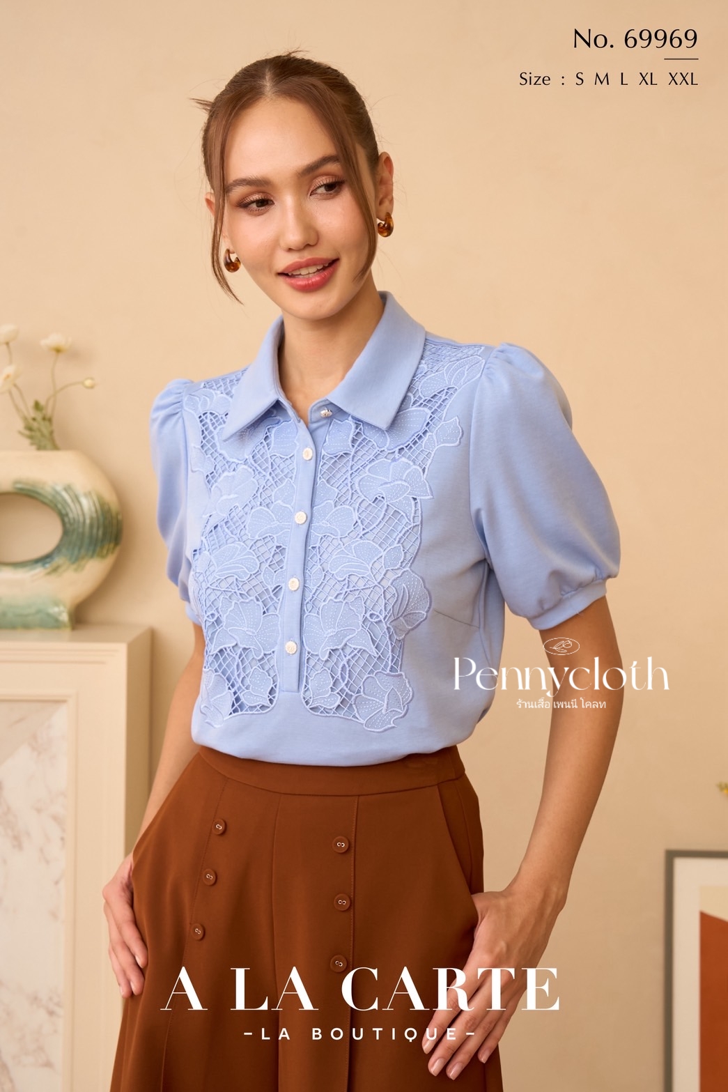 69969 เสื้อยืด A La Carte คอปกโปโล แขนสั้น งานปักฉลุ by PENNY CLOTH อก 38-46"