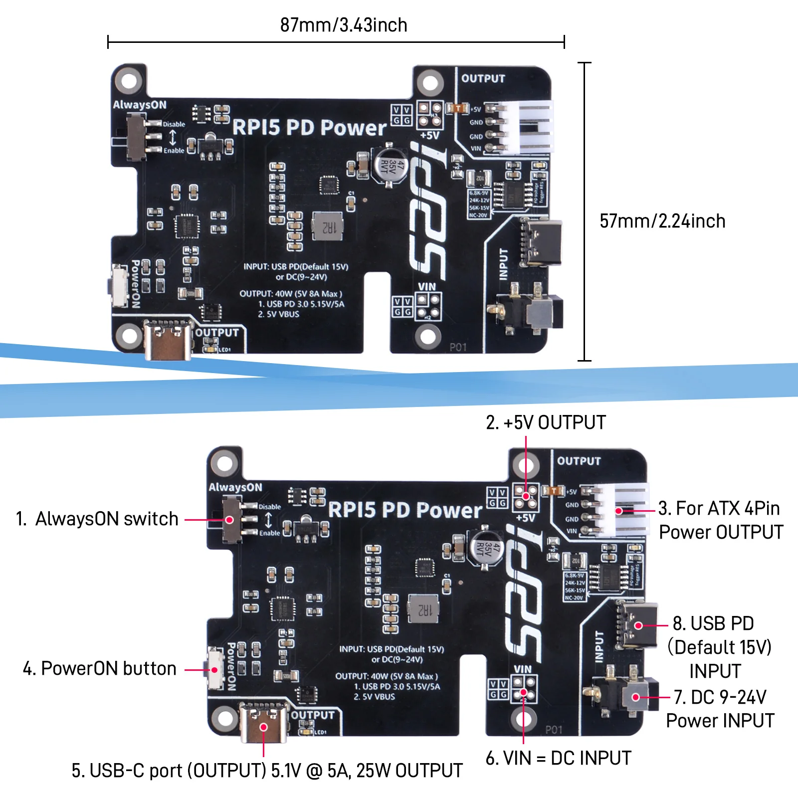 52Pi PD Power Expansion Board for Raspberry Pi 5 8GB 4GB, with Always-ON switch, Automatic Startup and Manual Power Control Function