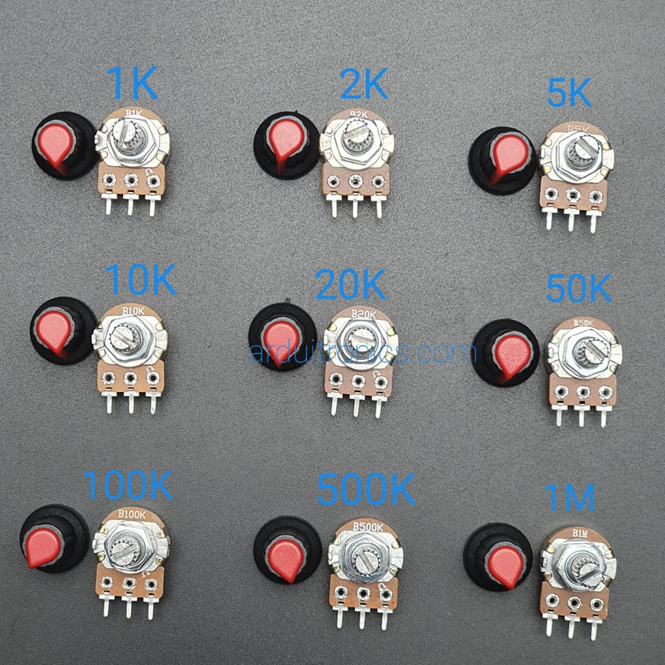 ตัวต้านทานปรับค่าได้พร้อมจุกหมุน pack 9 ค่า รวม 9 ชิ้น (พร้อมแหวนรอง) สีแดง