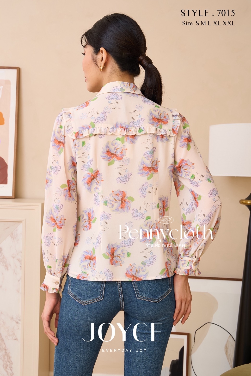 7015 เสื้อเชิ้ต Joyce ชีฟองพิมพ์ลาย แต่งระบาย มีกระดุมหน้า ซับใน แขนยาว by PENNY CLOTH