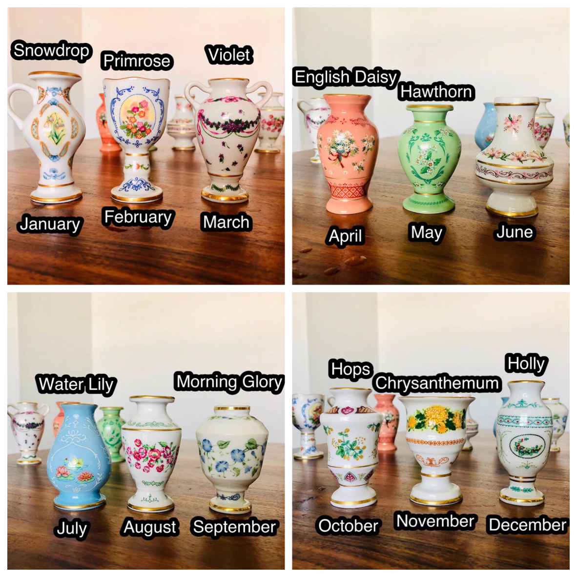 ชุดแจกัน 12 เดือน เนื้อกระเบื้อง ลายดอกไม้วาดมือ แตกต่างในแต่ละเดือน Vtg 1982 Franklin Porcelain Miniature Vases Jan-Dec
