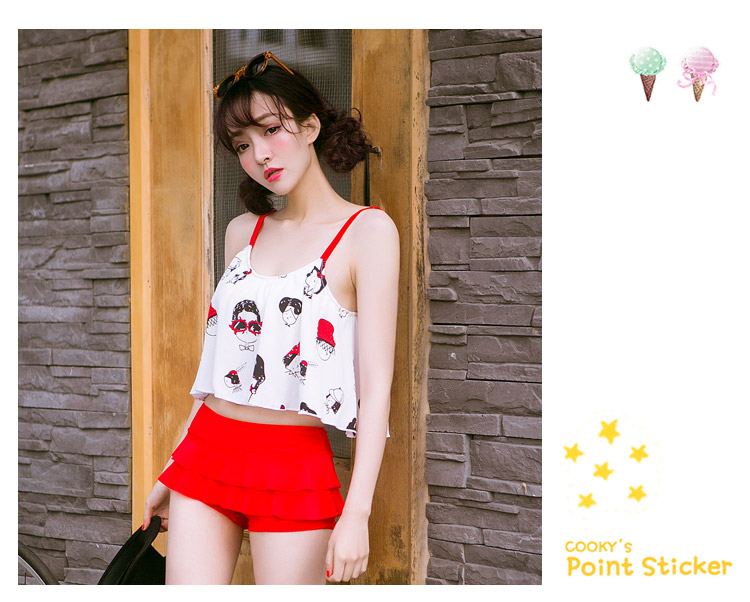 ***พรีออเดอร์***บิกินี่ชุดว่ายน้ำทูพีซ two-pieces สีขาวแดงลายการ์ตูนสีดำ สดใสน่ารักรับลมทะเล สวยเหมือนแบบค่ะ