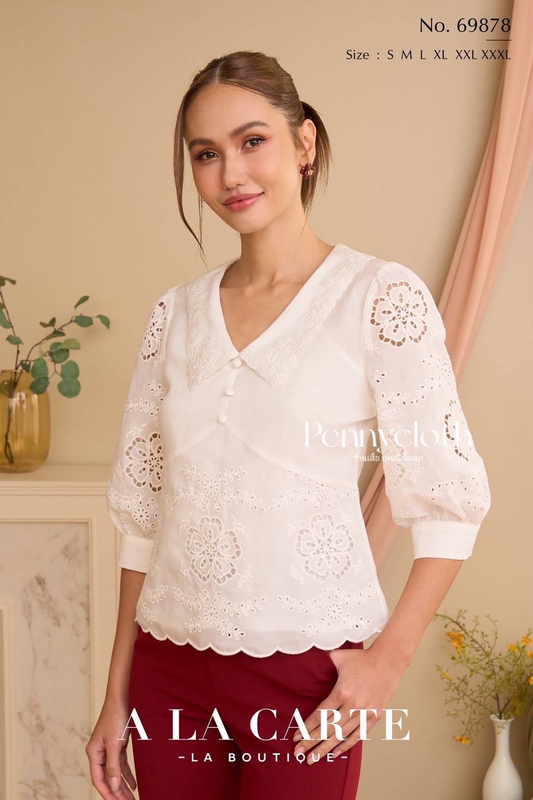 A La Carte รหัส 69878 เสื้อลินินซิลด์ คอปก งานปักฉลุ มีซิปหลัง