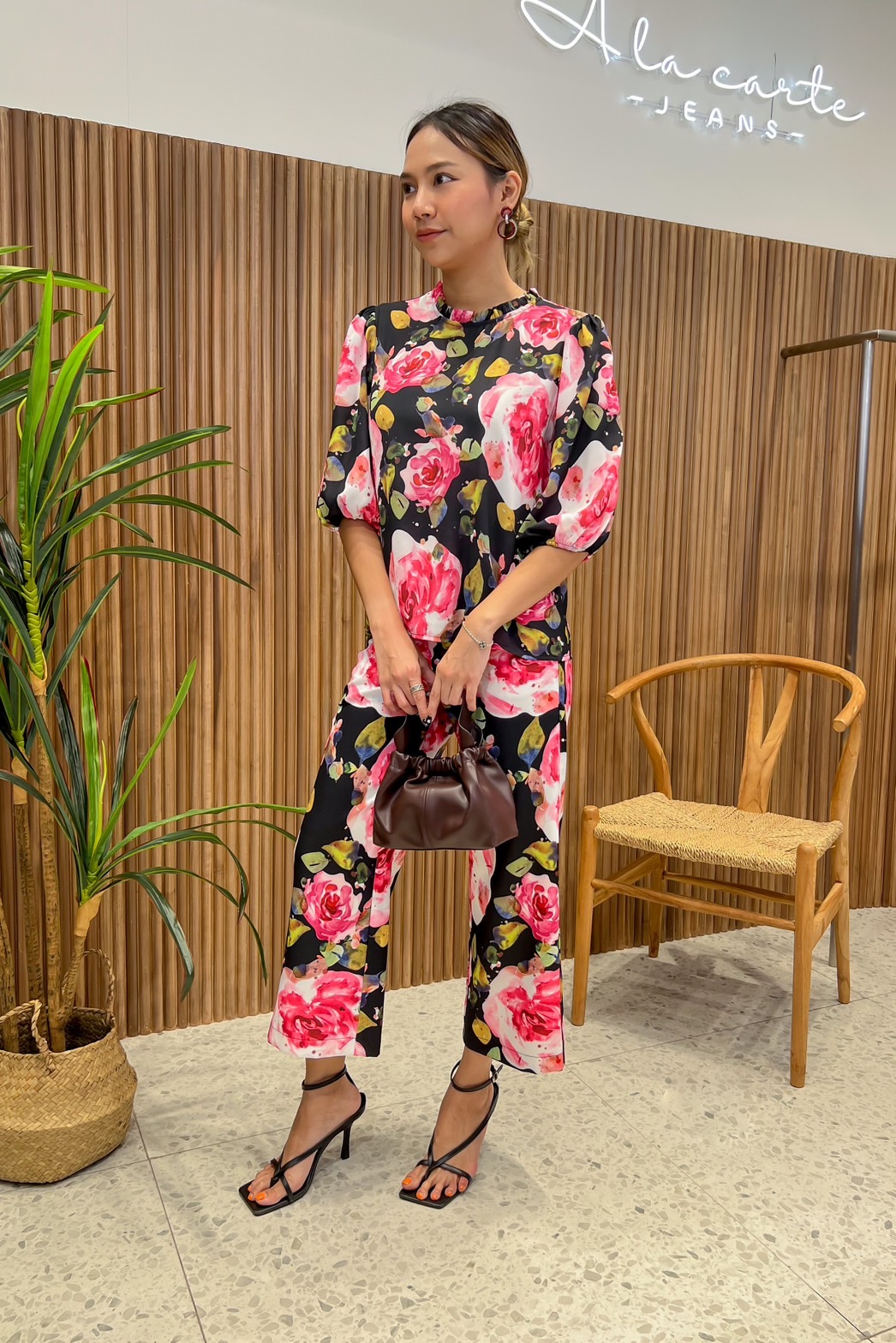 JS0059B 👛🌹A la carte🛍ชุดเซทเสื้อจอร์เจีย กางเกงพิมพ์ลาย ใส่สบาย แขน 3 ส่วน กางเกง5 ส่วนทรงกระบอก 🍀สีม่วง XL