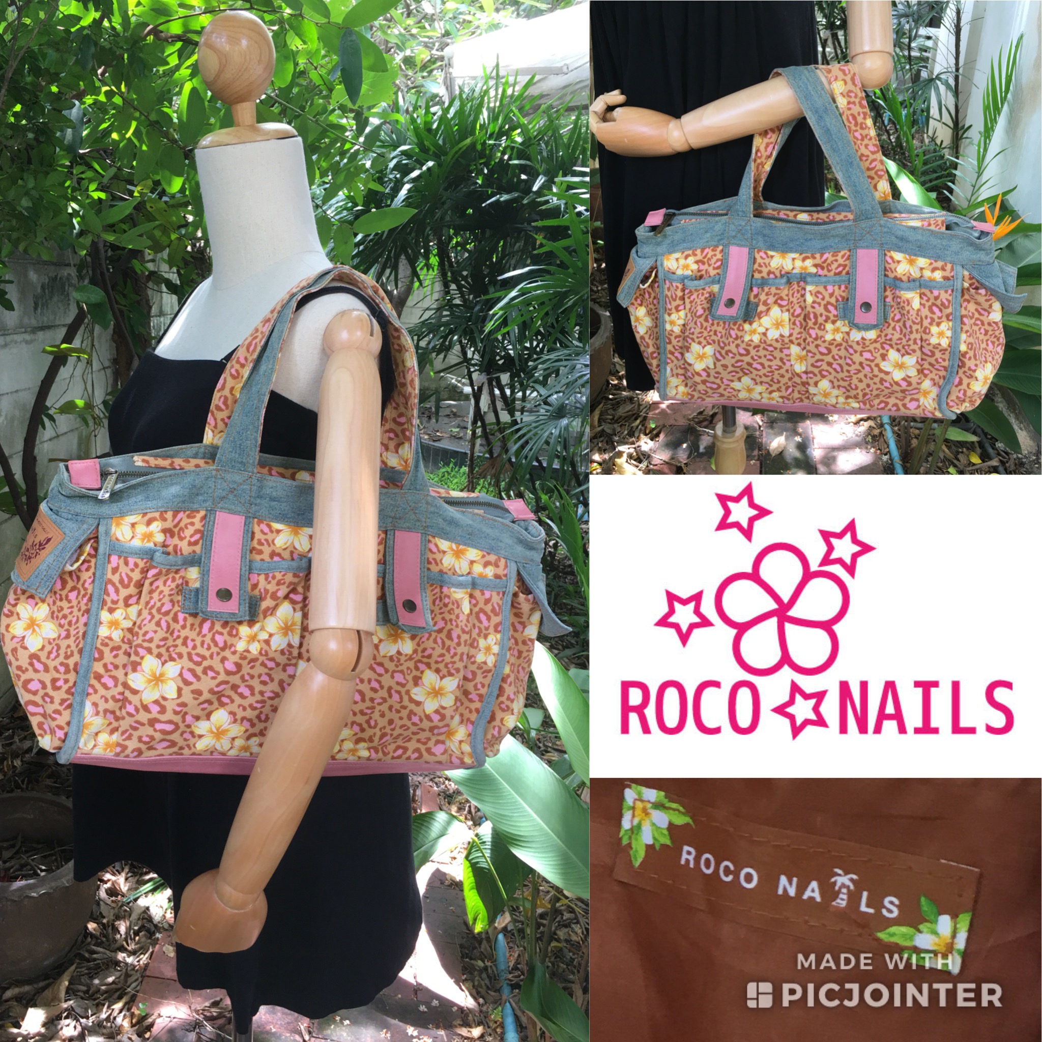 2sis1ro กระเป๋าถือ คล้องไหล่ แบรนด์แท้ Roco Nails ผ้ายีนส์ ลายเสือ ดอกไม้ มือสอง พร้อมส่ง