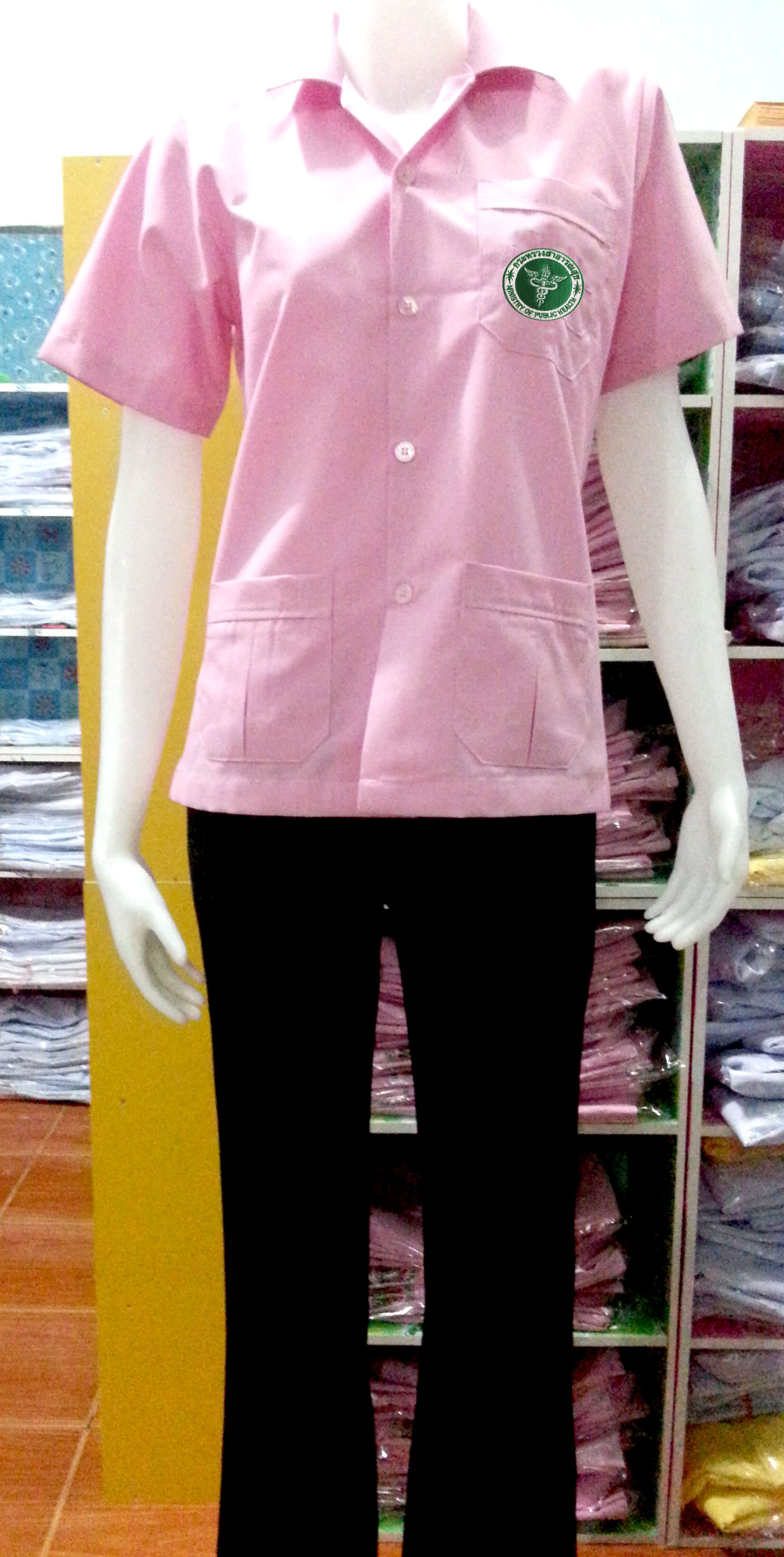 เสื้อริ้วชมพูขาว คอฮาวาย ผู้หญิง ปักกระทรวง