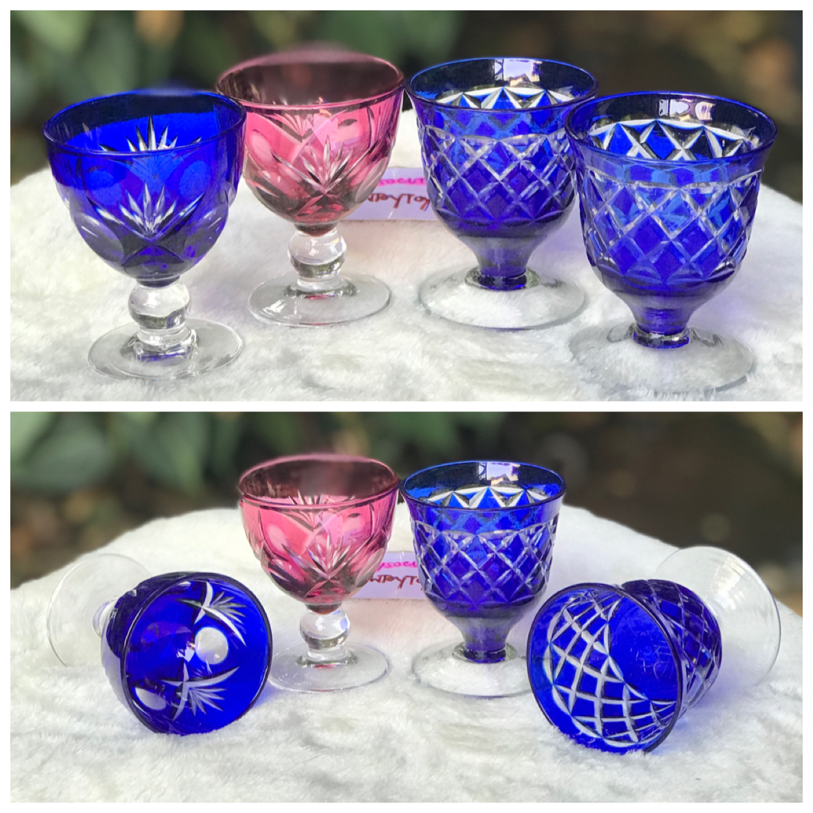 ราคาต่อคู่ เก่าเก็บ Crystal wine glass แก้วคริสตัลของแท้ แก้วเจียระไน แก้วคริสตัลเจียรไน สีน้ำเงิน สีแดง ลายสวยๆ