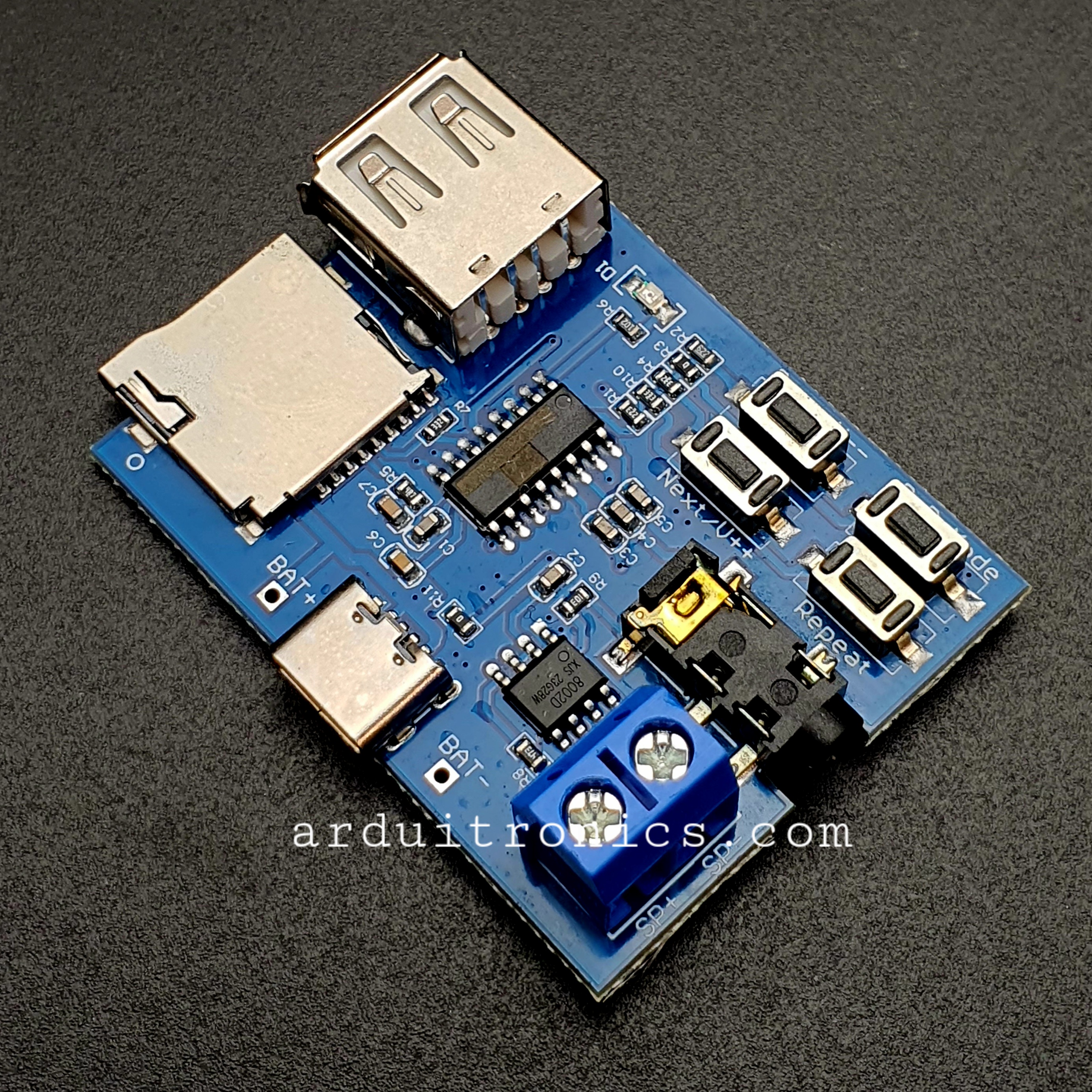 โมดูลเล่นเพลง MP3 รองรับ SD Card และ FlashDrive พร่อม Jack 3.5 ต่อกับหูฟังหรือเครื่องขยายเสียง ( Type-C )