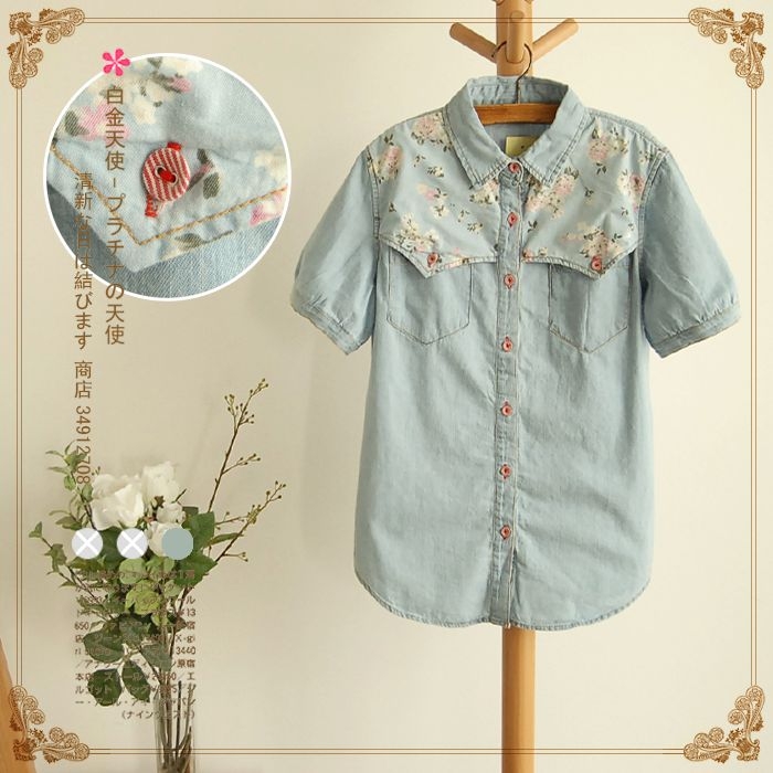 Pre-Order เสื้อเชิ้ต Muji ผ้ายีนส์ฟอกแขนสั้น ลายดอกไม้ที่ช่วงบ่า