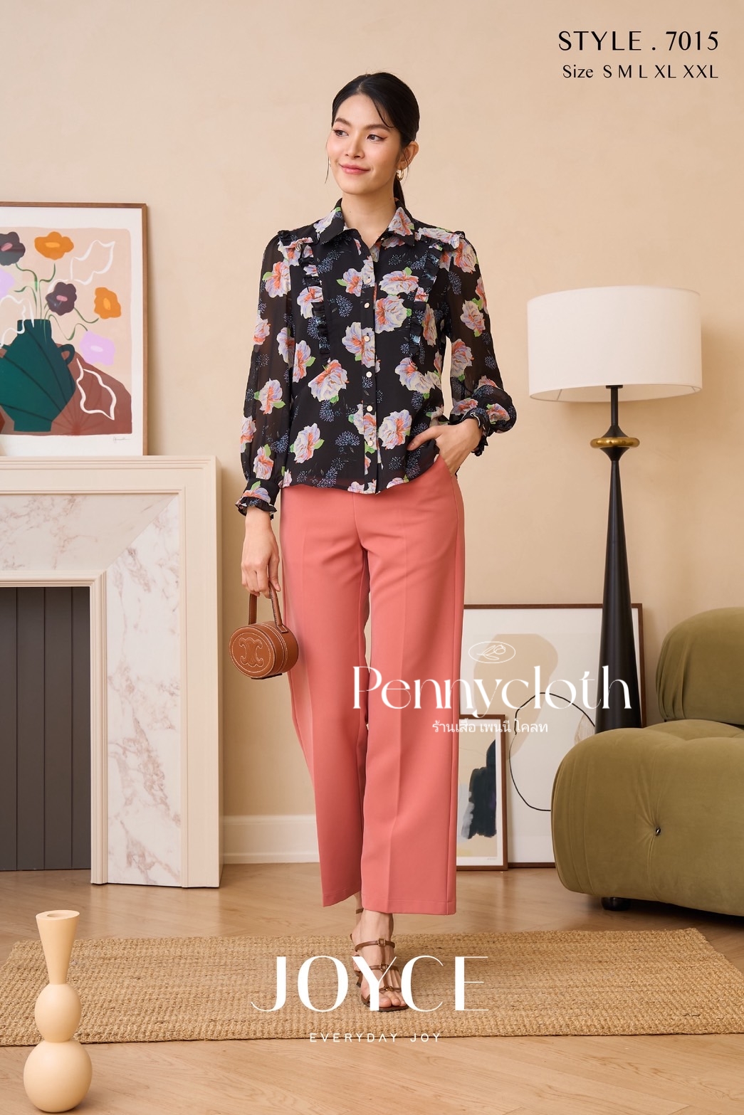 7015 เสื้อเชิ้ต Joyce ชีฟองพิมพ์ลาย แต่งระบาย มีกระดุมหน้า ซับใน แขนยาว by PENNY CLOTH
